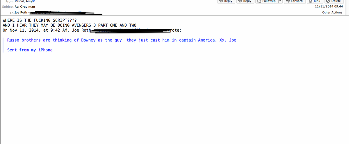 BikiniRobotArmy's tweet photo. #Avengers 3 in two part film. #RobertDowneyJr in #CaptainAmerica 3.
#SonyHack #sonyemails #sonyleak #Amypascal http://t.co/9w8FpHj5Hm