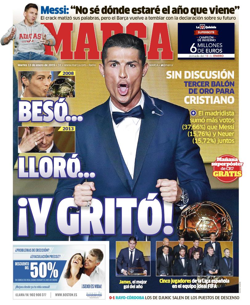 marca's tweet photo. #LaPortada 'Besó, lloró... ¡y gritó!' http://t.co/v2Ma22M7u8