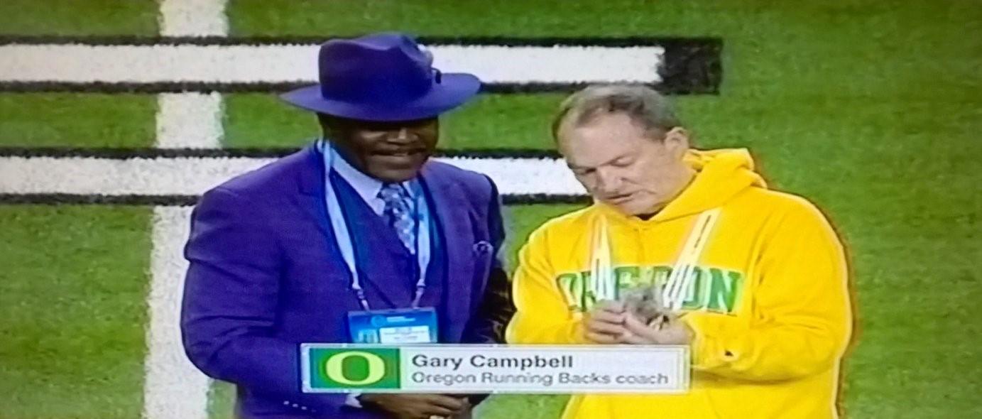 Michael Jenkins on Twitter: "You know Oregon is relaxed because running  backs coach Gary Campbell dressed up like Grimace before the game.  http://t.co/bD0I5GmAlT"