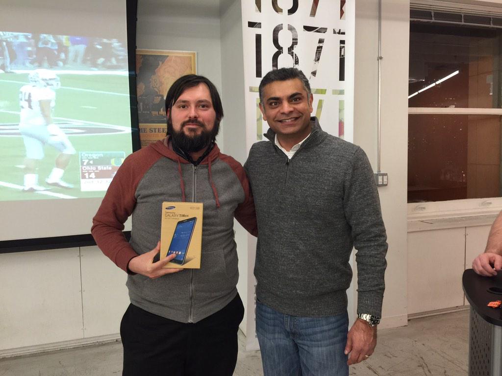 ngChicago's tweet photo. Josef @psychojoe is our 4th winner of a Galaxy Tab 4 at #AngularJS #ngHackNight http://t.co/PmPpmb1q1m