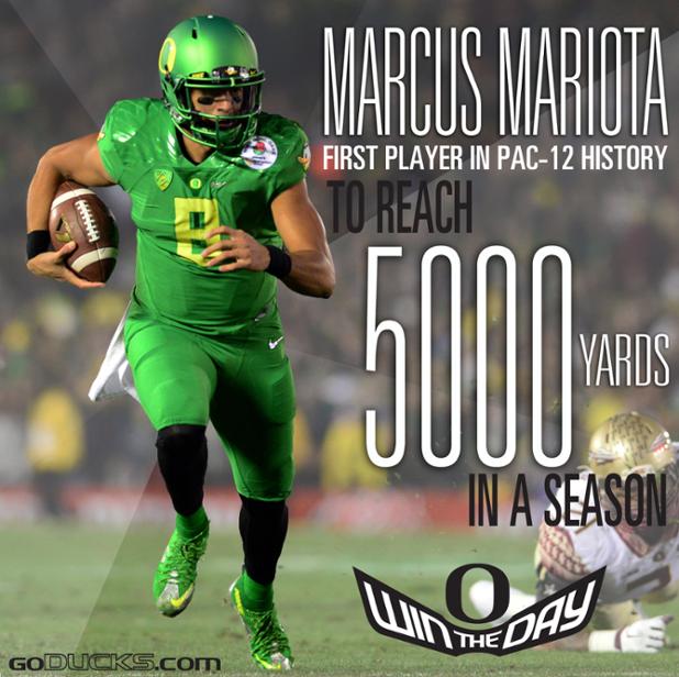 Oregon Football (@oregonfootball) on Twitter photo Marcus Mariota has become first player in @Pac12 history with 5,000 yds total offense in a season #GoDucks #UOvsOSU Marcus Mariota has become first player in @Pac12 history with 5,000 yds total offense in a season #GoDucks #UOvsOSU