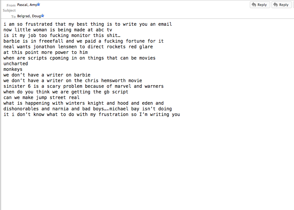 BikiniRobotArmy's tweet photo. #AmyPascal is frustrated! #Barbie #LittleWomenLA #Uncharted #michaelbay #narnia #SonyHack #sonyemails #sonyleak http://t.co/s1AXAFoRg9