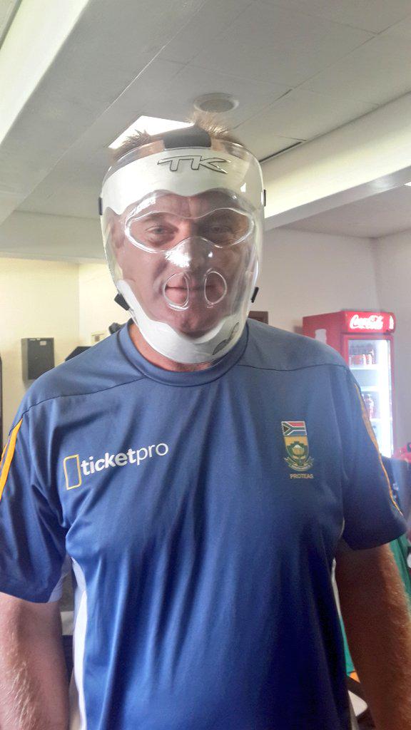 The Proteas coaches taking safety to a new level for a T20 net throwdown session. #slogfest