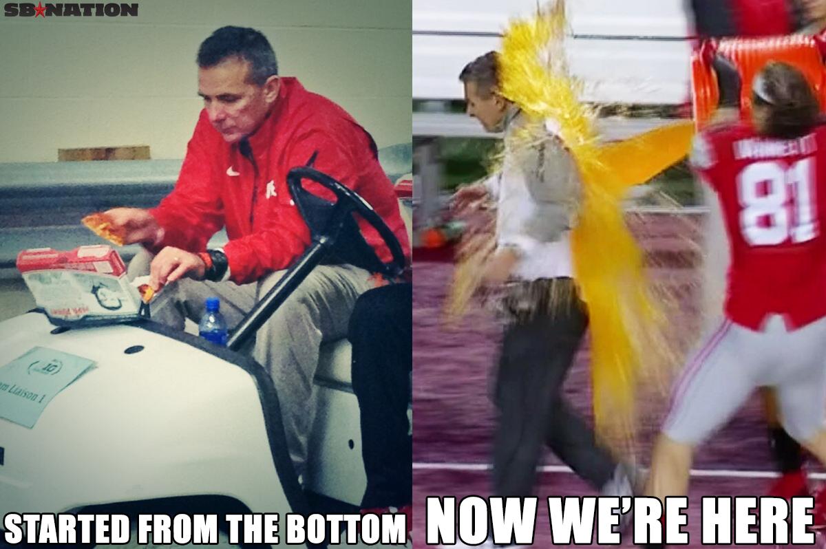 SBNation's tweet image. In one year, Urban Meyer went from sad pizza to happy Gatorade: sbnation.com/lookit/2015/1/…