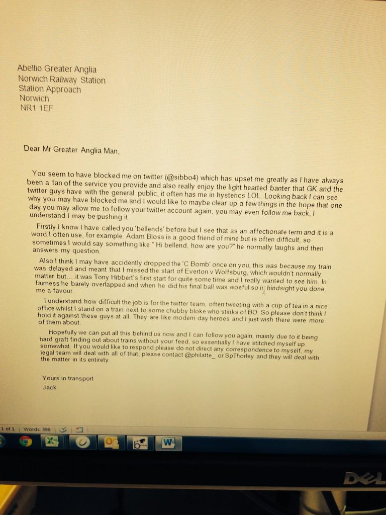 Colchesterviews's tweet image. I think @greateranglia, you should unblock @sibbo4, who has written you a lovely letter. UNBLOCK HIM NOW #colchester