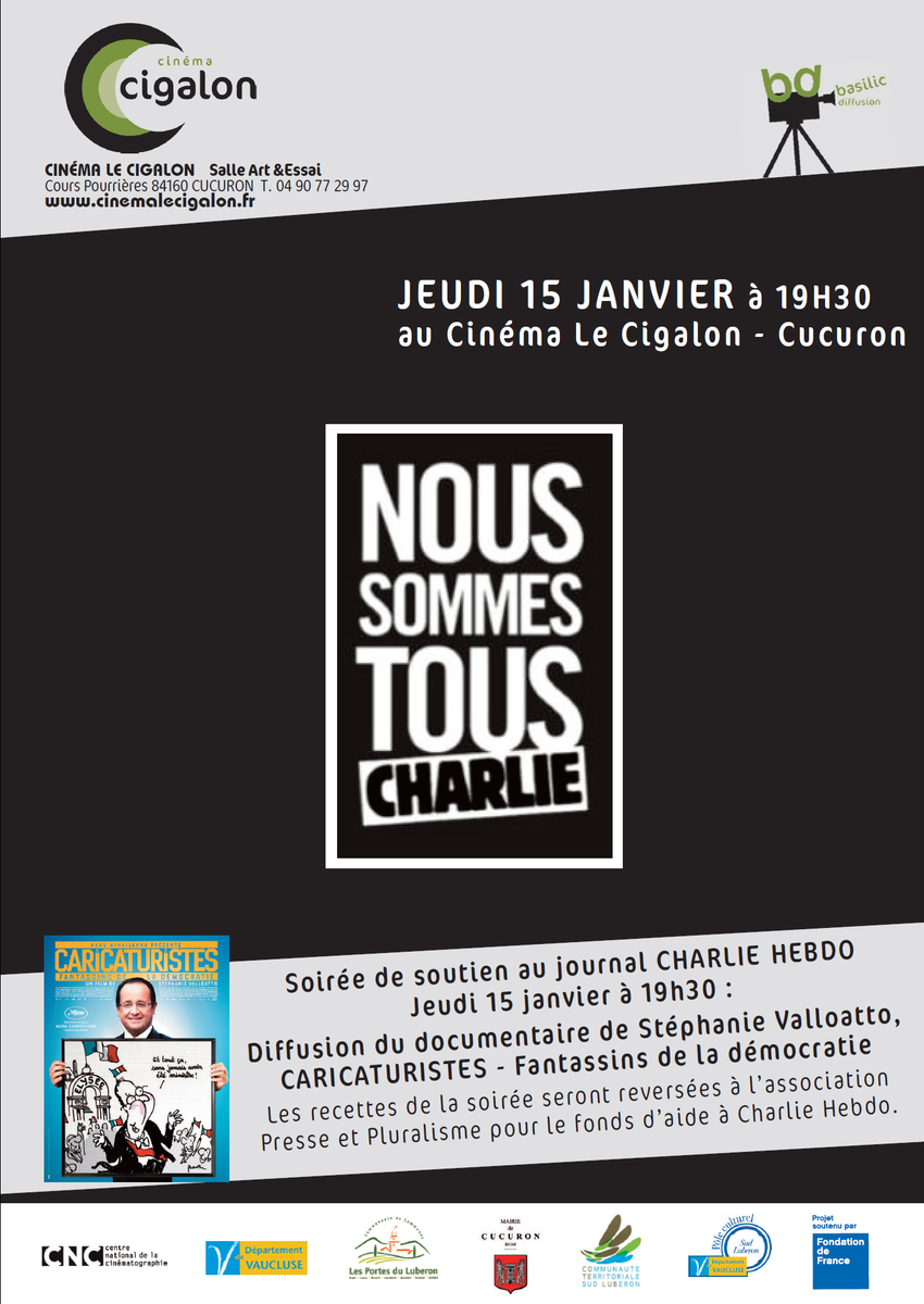 CucuronVaugines's tweet photo. Jeudi 15 janvier à 19h30 au cinéma le Cigalon de Cucuron, soirée de soutien au journal #CharlieHebdo http://t.co/KzI7mMqhmC