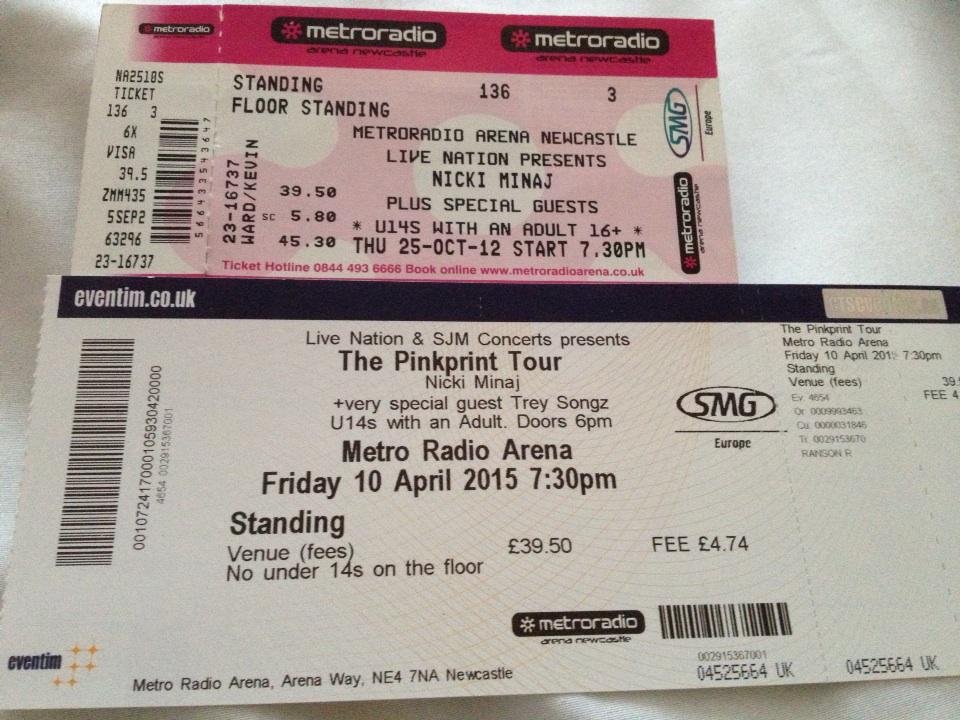 rachael_ranson's tweet photo. Old ticket and new ticket β€ #PinkFridayReloadedTour #ThePinkPrintTour #NEWCASTLE http://t.co/yOunyIgg3g