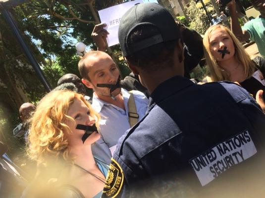 jeromestarkey's tweet photo. The UN forgets its commitment to #FreedomOfSpeech as journalists welcome #Egypt's FM #Shukry to #Nairobi #FreeAJStaff http://t.co/ZPAEH3qVzd