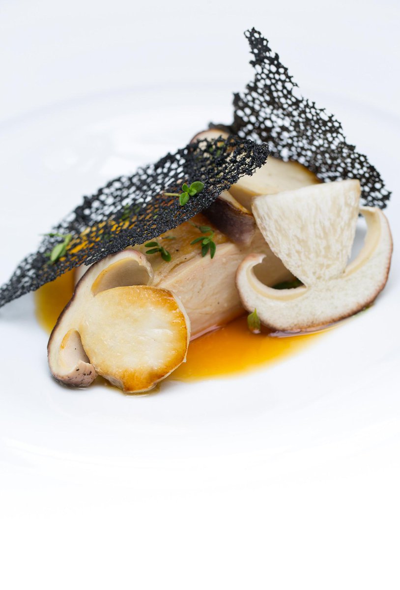 Beautiful Poached chicken with wild mushrooms and soy and a shiitake crisp by <a href="/Hulstone/">Simon Hulstone</a> kikkoman.co.uk/Kikkoman-Chef/…