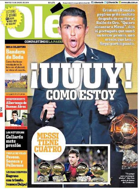 “<a href="/RM4Arab/">شبكة RM4Arab</a>: غلاف Olé:
- نعم كما أنا.
صرخة غريبة من كريستيانو رونالدو بعد الفوز بالكرة الذهبية.
#RM4A ”