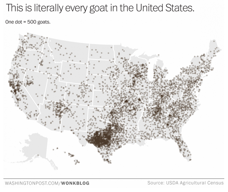 washingtonpost's tweet photo. Map: Literally every goat in the United States http://t.co/i1u2xcbVPG http://t.co/NWb9P6vsFF