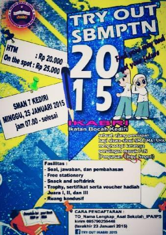 IkabriUm's tweet photo. IKABRI PRESENT..
TryOut SBMPTN 2015
25 Januari 2015 @SMAN7Kediri
cp: fika 085790259448
cc: @KAMPUS_info http://t.co/NgpIqBZpIf