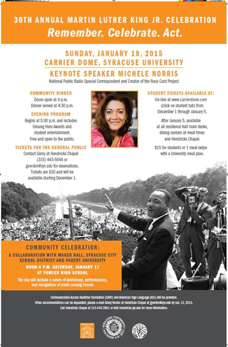 Stop by the dining hall and get your ticket to the MLK Dinner and Celebration in the Carrier Dome on Sunday at 4PM!