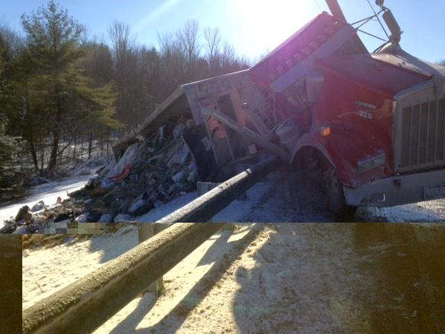 AmyNECN's tweet photo. Loaded tractor trailer garbage truck crash on I-95 in Augusta reduces traffic to one lane northbound. Expect delays http://t.co/XXZw3PLmBY