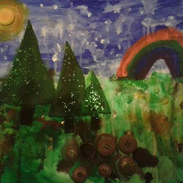 paintpartyred's tweet photo. Awesome piece of art created by mum and daughter doing art together event. Great use of variety of materials http://t.co/XXlxWdAElq