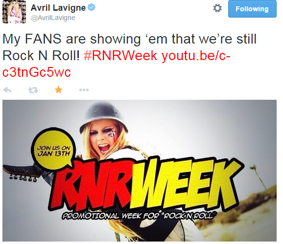 lLoveltAvriI's tweet photo. Today it's been #1YearOfRNRWeek, promote this music video was so fun! 😁 Do you remember? 👊 #RNRWeek @AvrilLavigne http://t.co/zur04prU11