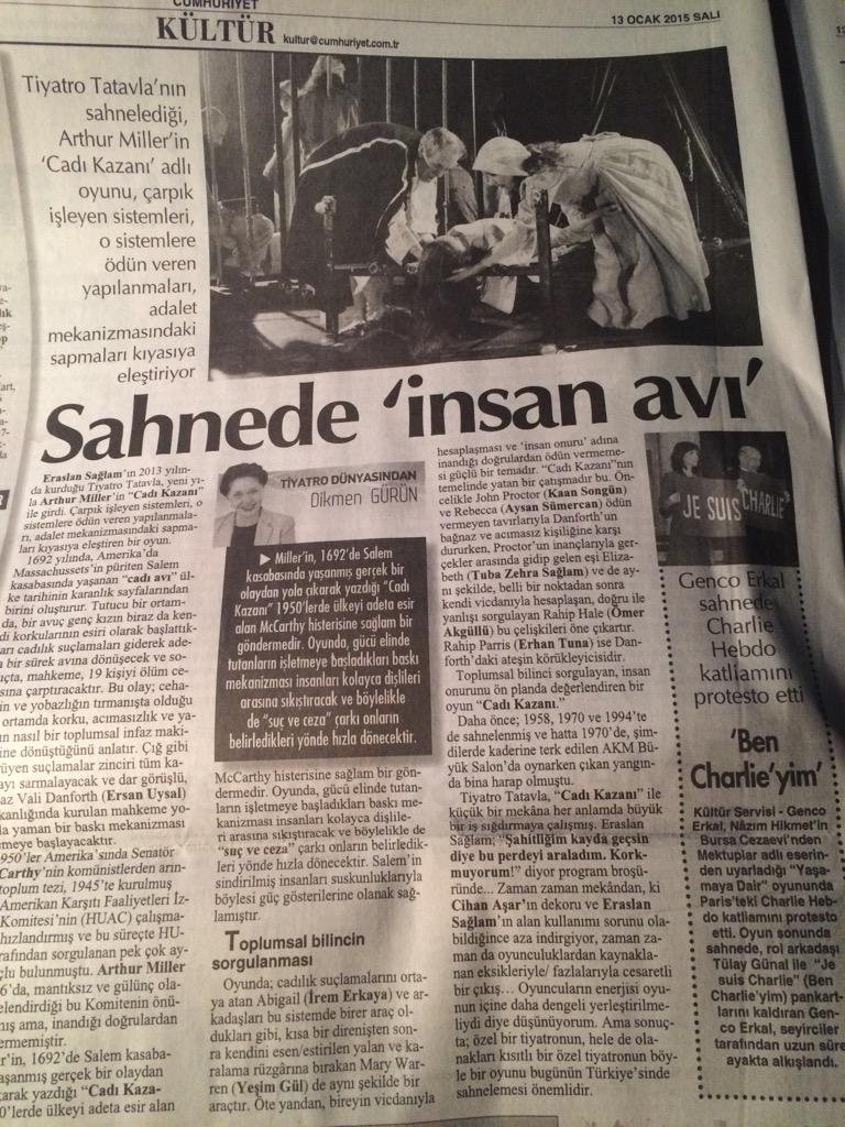 TiyatroTatavla's tweet photo. Dikmen Gürün kaleminden #CadıKazanı @cumhuriyetgzt de!17 Aralık oyun biletleri @Biletix ve gişede Rez: 2122335230 http://t.co/hdawNTdHDX