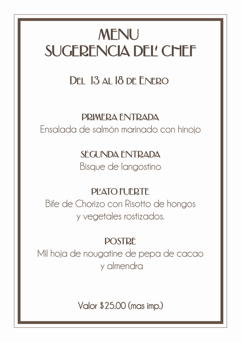 USFQ_Ecuador's tweet photo. Menú sugerencia del chef para la semana del 13 al 18/ene en el Restaurante Marcus #USFQ.
¡Les esperamos! http://t.co/e6kyiUSg9z