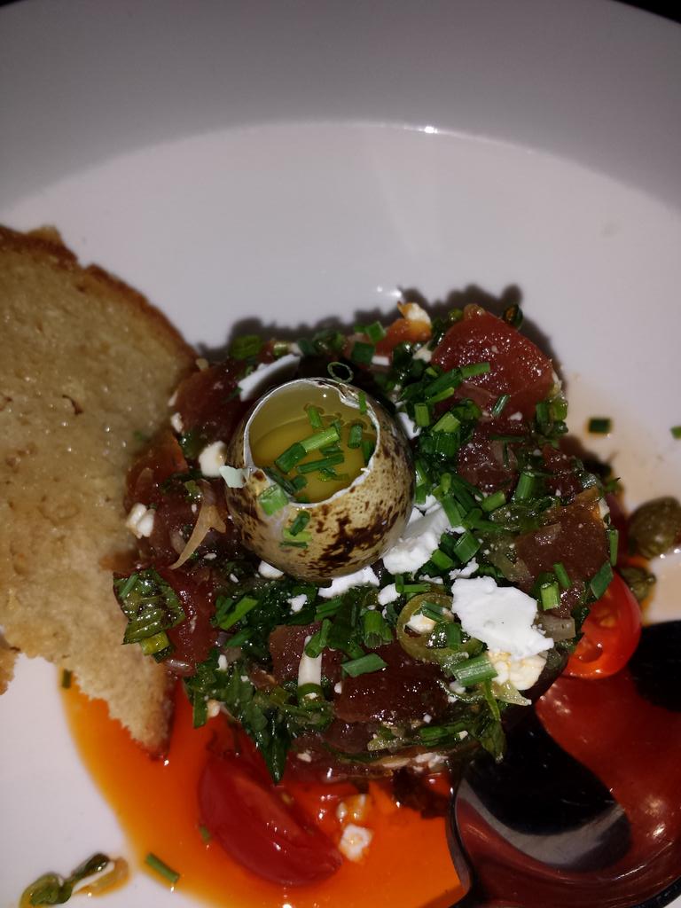 Tasty tuna tartare w/quail egg <a href="/mamakastaverna/">Mamakas Taverna</a> #heat #fresh #capers #greek #food #delicious