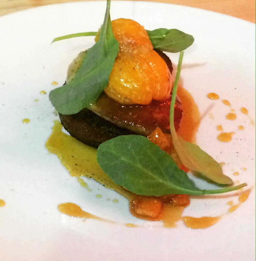 We sold out, but it's baack!  Seared Foie Gras, Caramelized Date Cake, Candied Satsumas, Hydromel Gastrique.