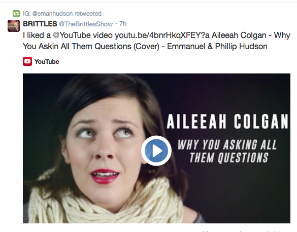 TheBrittlesShow's tweet photo. Hey @AileeahC @_kosher just retweeted your cover song! http://t.co/rm5tyjL6PZ #AskinAllThemQuestions #Viral #fchw http://t.co/HTLD3vo2i8