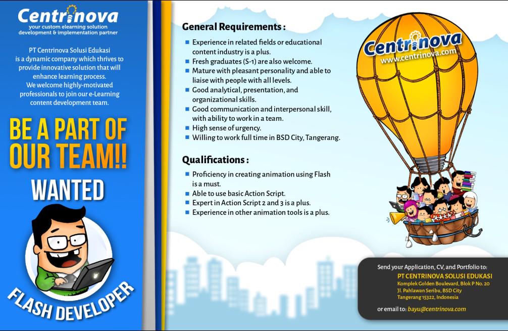 Loker Flash Developer PT Centrinova - BSD Tangerang Selatan @babaflash @Findgeek @InfoKomputer @KaskusLoker