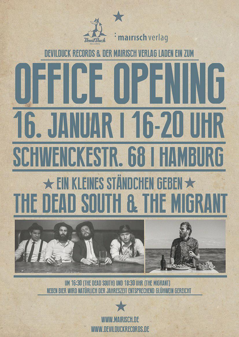 mairischverlag's tweet photo. Wir eröffnen offiziell unser neues Ladenbüro in Hamburg: Am 16.1. spielen @TheDeadSouth4 & #TheMigrant. Kommt vorbei! http://t.co/8D0fqdrDa3