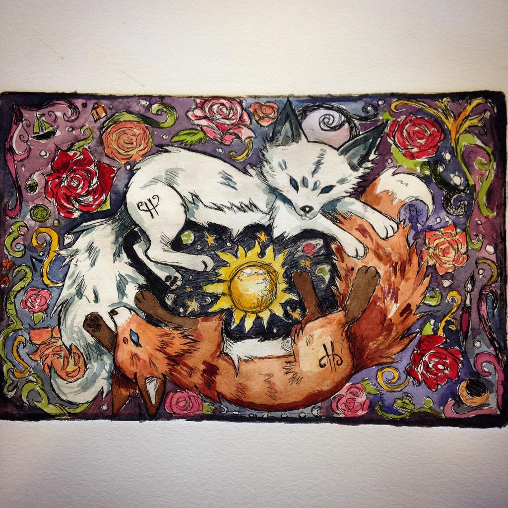 Seawhisped's tweet photo. Printmaking . #yinyang #fox #printmaking #watercolor #art #foxart  #roses #universe #gemini #printing #tapestry http://t.co/TisFSJZqMS