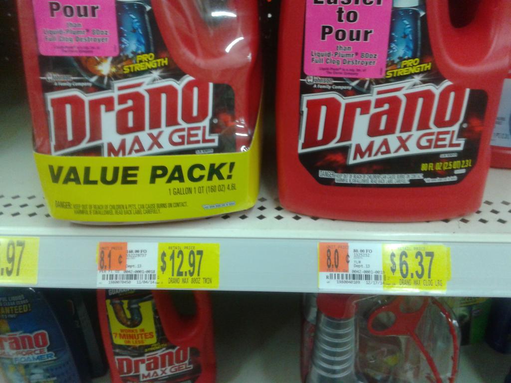 aheneen's tweet photo. #WalmartMath One bottle of Drano is $6.37 (x2=$12.74), two-pack of same product is $12.97. That's some "value pack." http://t.co/S1cvHh7nuR