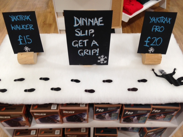 Yaktrax, “named after the Tibetan yak”, are light-weight ice grips worn over your regular walking shoes. Get em on!