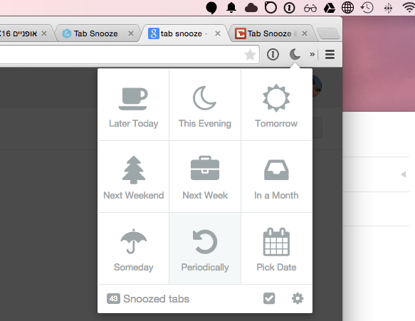 tabsnooze's tweet photo. Tab Snooze 0.8 now supports Periodic snooze. Try it out! http://t.co/XtpwGcuIxw
