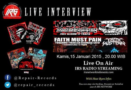 Merapat guys review album <a href="/maksiatpunk/">MAKSIAT</a> dan <a href="/faithmust_pain/">faith must pain</a> live interview with <a href="/irsbandung/">IRS Network Bandung</a> ada bagi bagi cd &amp; poster