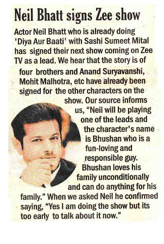 BrandNBuzz's tweet photo. Coming soon! @neilbhatt4 in #TheAfternoonDispatchAndCourier @DiyaAurBaatiHum @StarPlus @ZeeTV @Neilbhatt_FC #awaited http://t.co/vZtQPznN5L