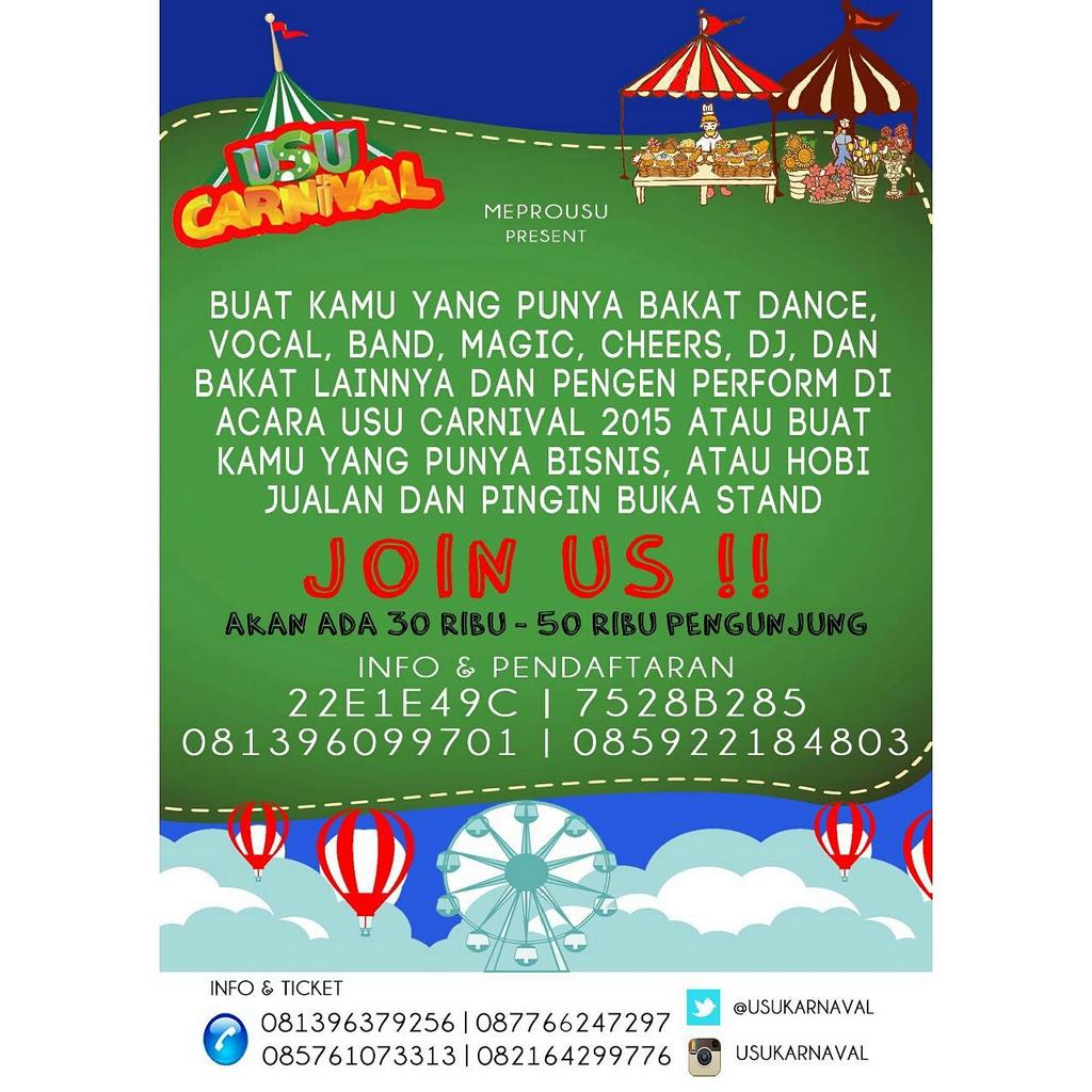 Punya bakat? Atau mau buka stan? Dftarkan sgera 081396099701 - 7528B285. Akan ada smpai 50.000 Visitor.  @USUKARNAVAL