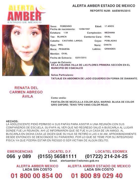 ABastidaP's tweet photo. @Paola_Rojas_H 

Paola nos ayudas a difundir la información de Renny, esta desaparecida desde el 2 de enero. Gracias http://t.co/rVqEU0PUNi