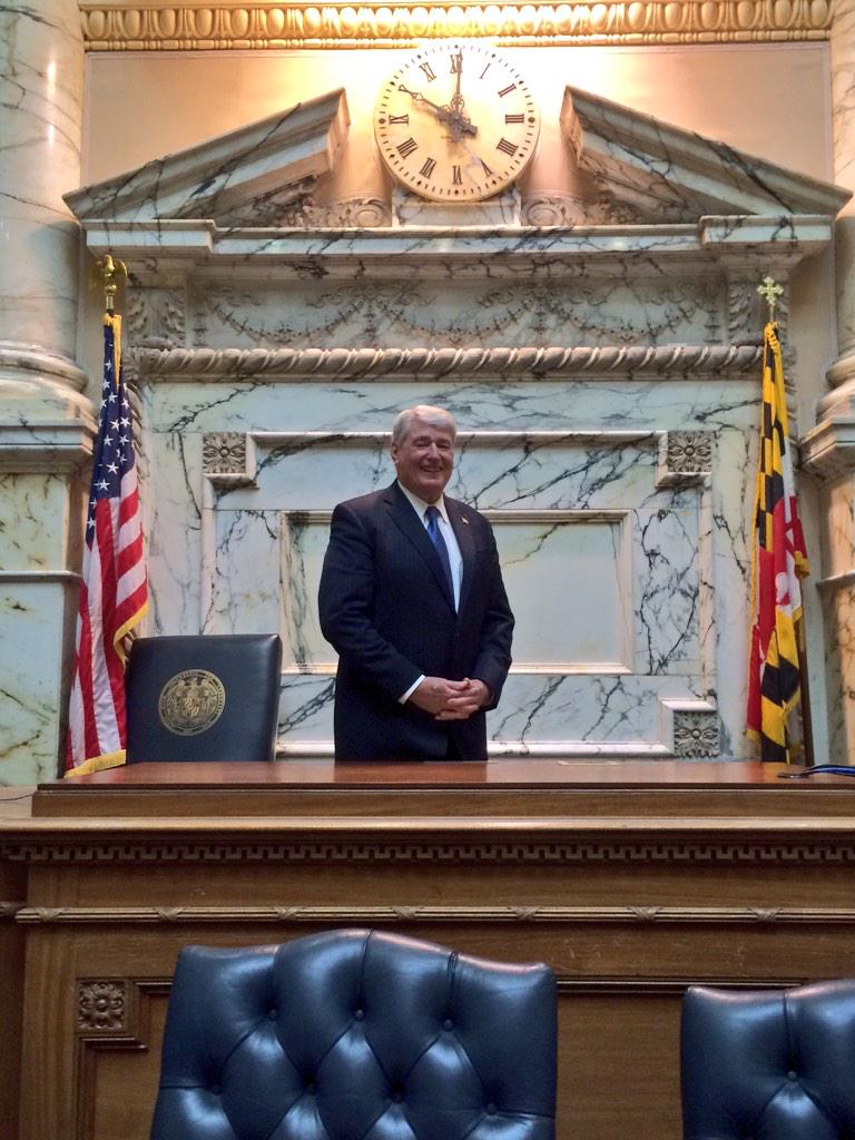 StateMaryland's tweet image. In the calm hours before the start of #mdga15 @speakerbusch prepares in a quiet house chamber. #Maryland