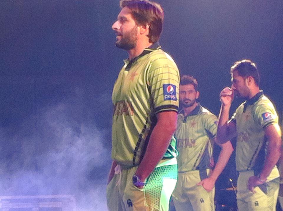 Shahid Afridi at the event for unveiling Pakistan's 2015 World Cup Kit. #PepsiCricket #JBnJaws