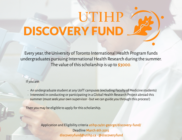 jeffreymhwong's tweet photo. @uoft @discoveryfund applications are out! $3000 scholarships avail for UofT undergrads interested in Global Health! http://t.co/cEAX0YSQwz