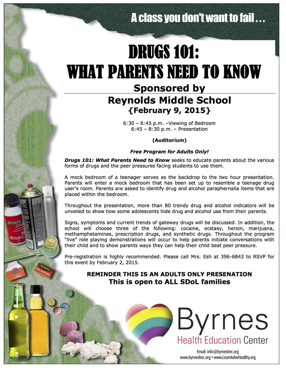 Mark your calendars for this February event! Drugs 101: What Parents Need to Know -- open to all SDoL parents.