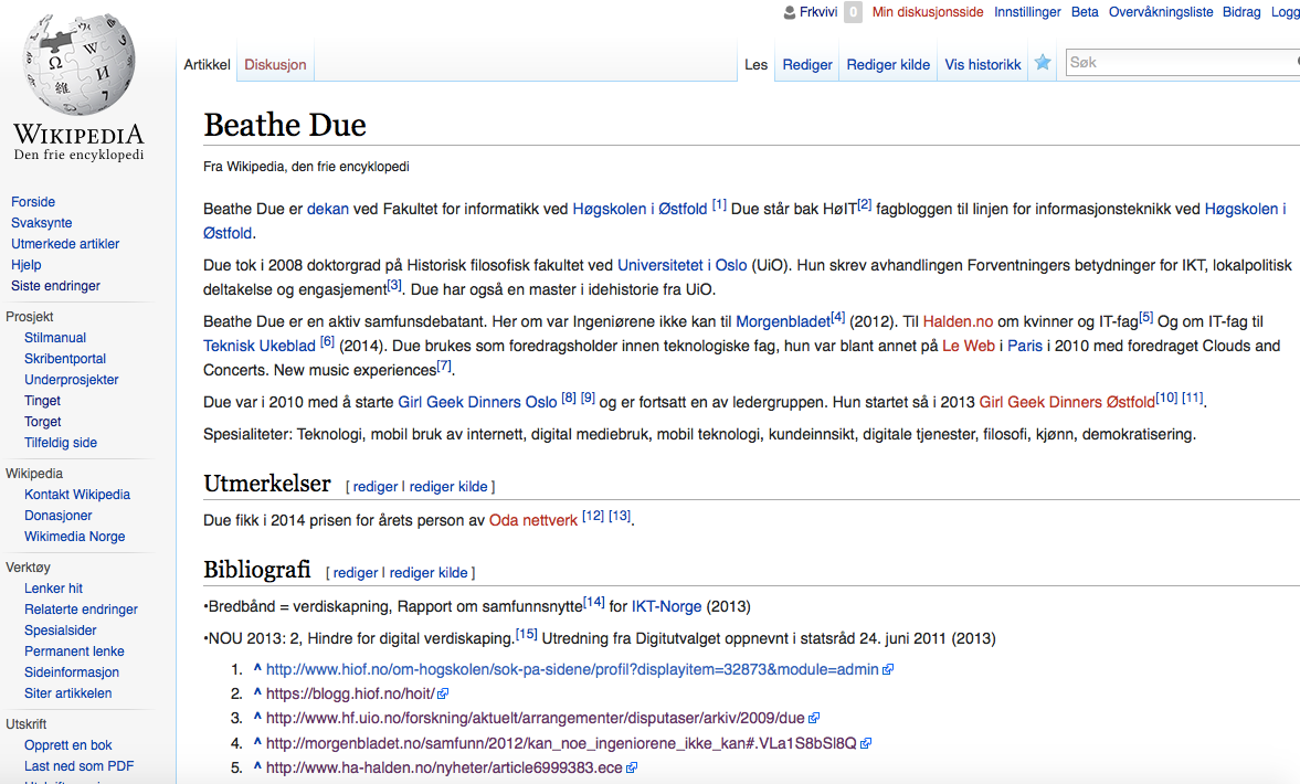 OsloGirlGeek's tweet photo. “@frkVivi: Min første artikkel på Wikipedia. Weeeeee! #ggdo #wmno http://t.co/lLYic5GEVu” @beathe du er på Wikipedia!