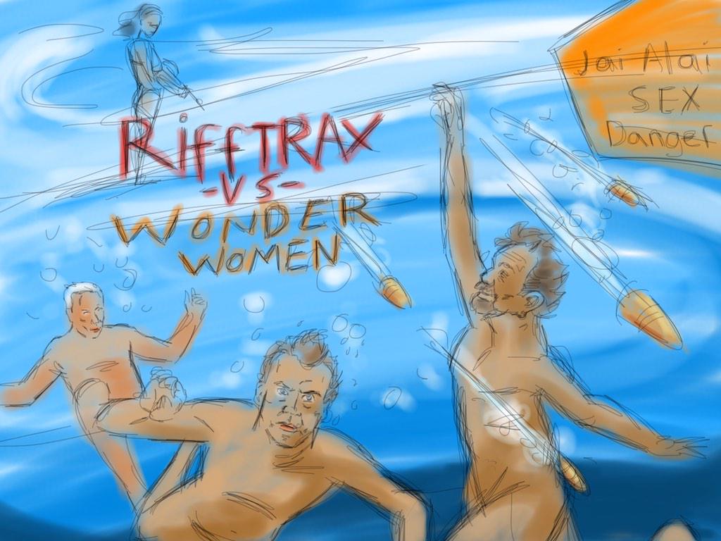 RocketPop1701's tweet photo. Sketch for my most ambitious @RiffTrax illustration yet: @BillCorbett, @michaeljnelson &amp; @kwmurphy vs Wonder Women http://t.co/XA52Z2kH4N