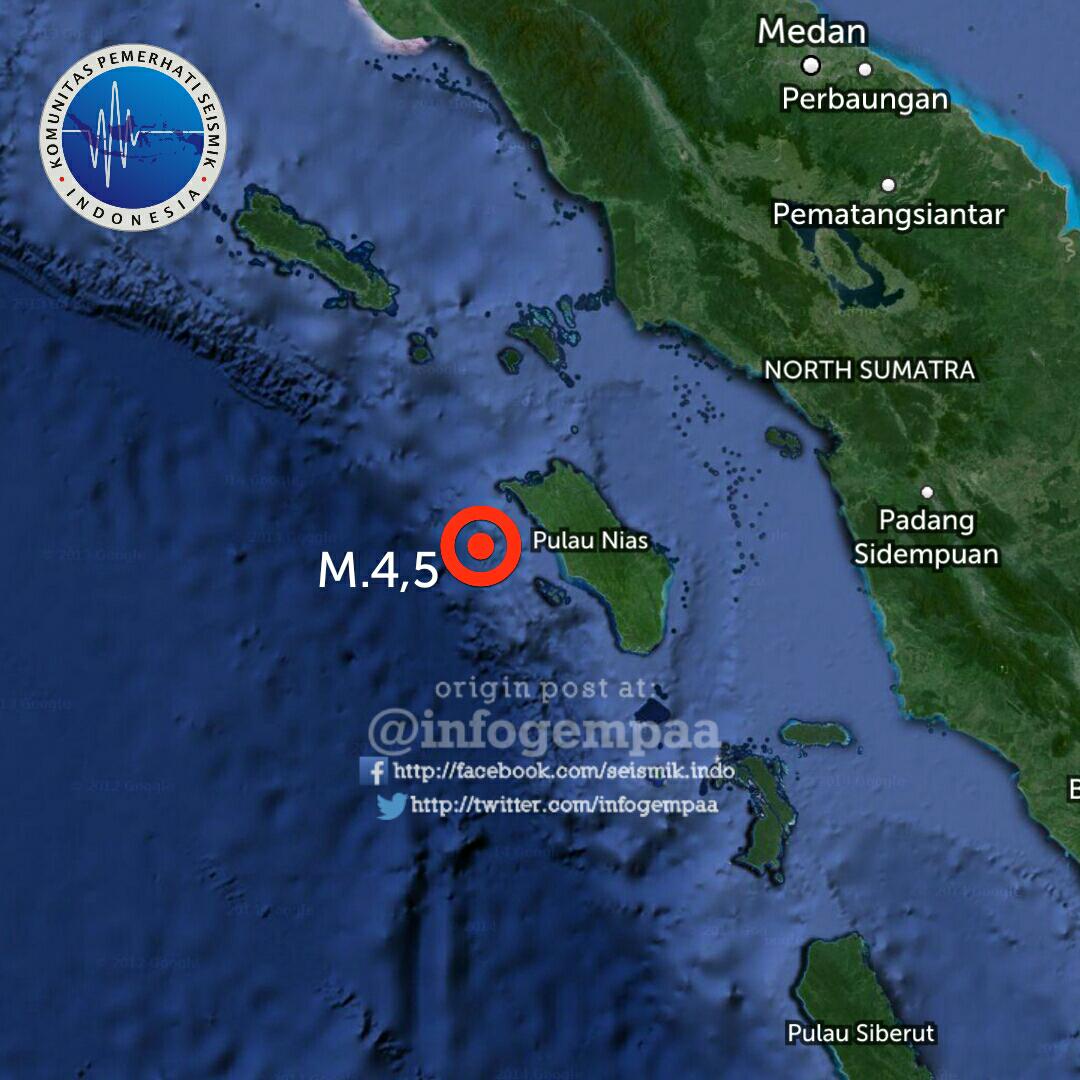 #Gempa Mag:4,5 SR Nias 54km baratdaya Nias Utara Kdlmn 23km 15 Jan 2015 Pkl.05.08 WIB  — <a href="/InfoGempaa/">@infogempaa</a>