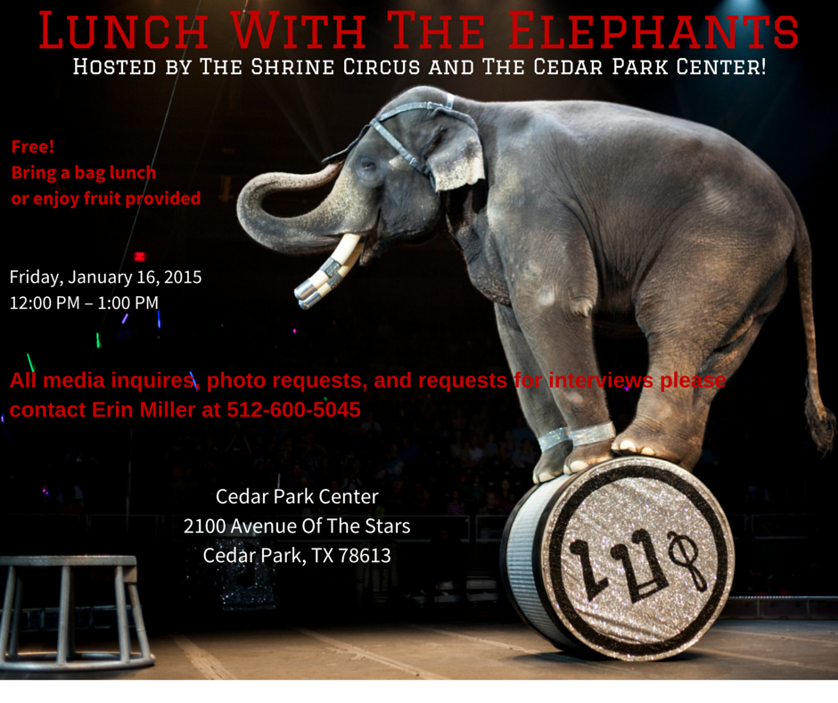 shrinecircus's tweet photo. Join us on the 16th for Lunch With The Elephants from 12:00-1:00 PM at Cedar Park Center! We hope to see you there! http://t.co/umIYo1WcDB