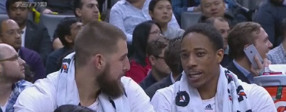 TSN_Sports's tweet photo. After missing 21 games DeMar DeRozan puts up 6 points in just 6 minutes in the first quarter #RTZ http://t.co/6zkk5iGJrG