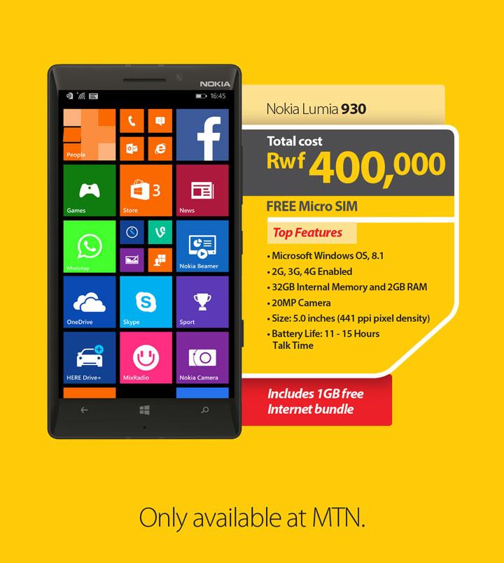 MTNRwanda's tweet photo. The new #Nokia930 is very solid build, fast processor 8.1, 32GB Internet Memory,2GB RAM &amp; 20MP camera.Get yours today http://t.co/lG67uXcBqa