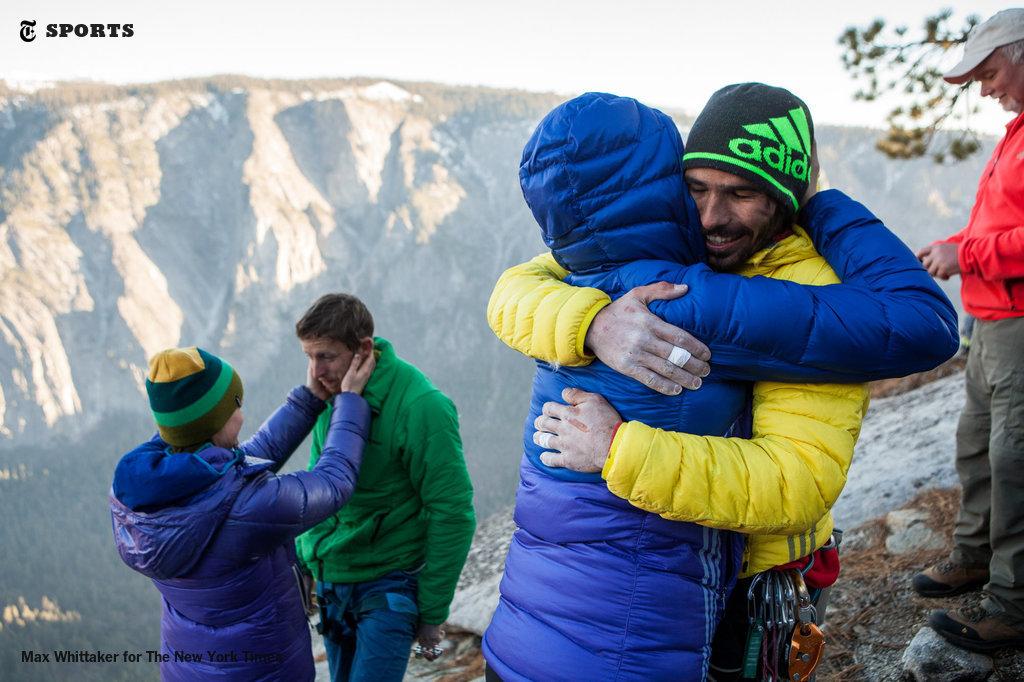nytimes's tweet photo. After 19 days, they completed what many considered the hardest rock climb in the world http://t.co/uugJrL6T3D http://t.co/g6IWTWAT5e