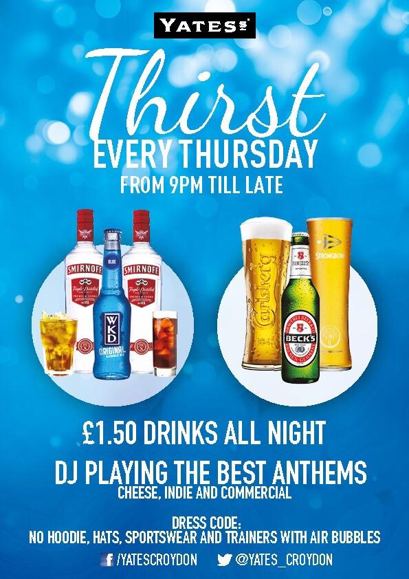 asherj21's tweet photo. Come on down to @yatescroydon @Yates_Croydon tonight!!! It's Thirst Thursday cheap drinks!! Free Shot on entry!! http://t.co/YbEWuP5Su3