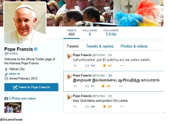 SriLankaTweet's tweet photo. His Holiness Pope Francis tweet Sinhala & Tamil saying GOD BLESS Sri Lanka! #LKA #PopeVisitSL #PopeInSL #PapalVisitSL http://t.co/u1u10S434R