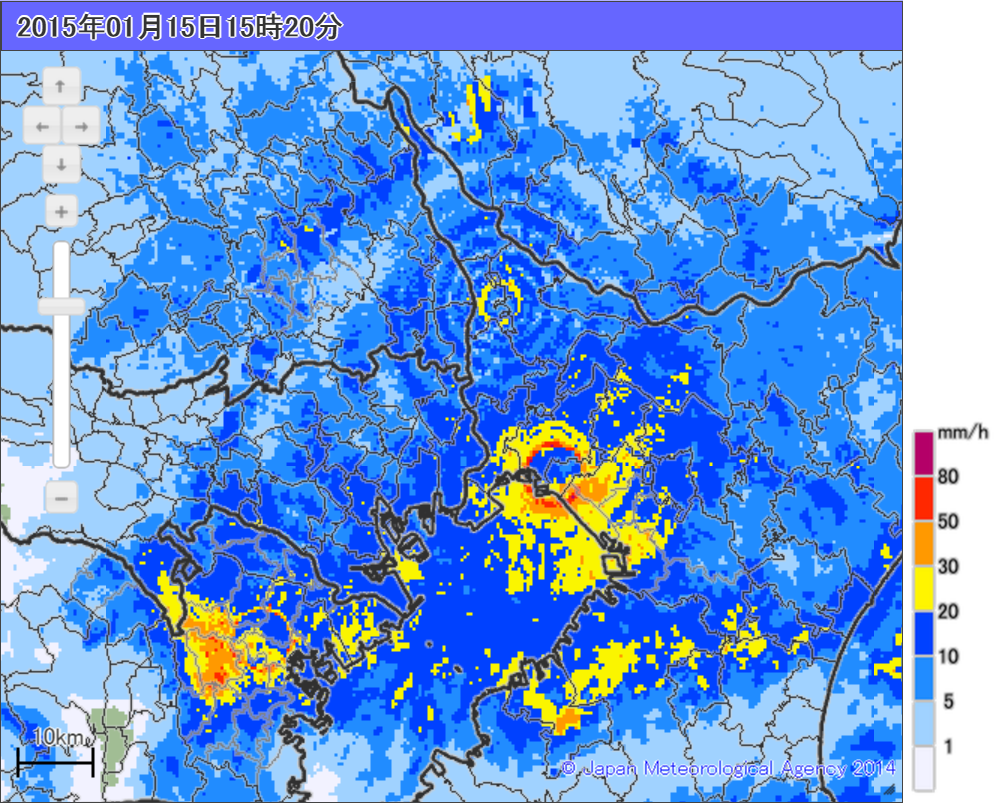 JMA high-res nowcast, with unusual three circles.