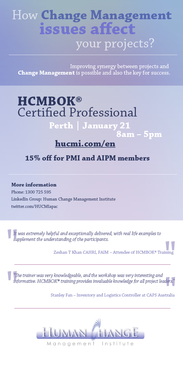 HUCMIapac's tweet photo. Why do projects fail? Reasons&amp;pitfalls
PERTH - next Wed - 21st Jan - HCMBOK®
http://t.co/yjqUrEdqe1 
@hcmbok #hcmbok http://t.co/bjN9CnX7v6